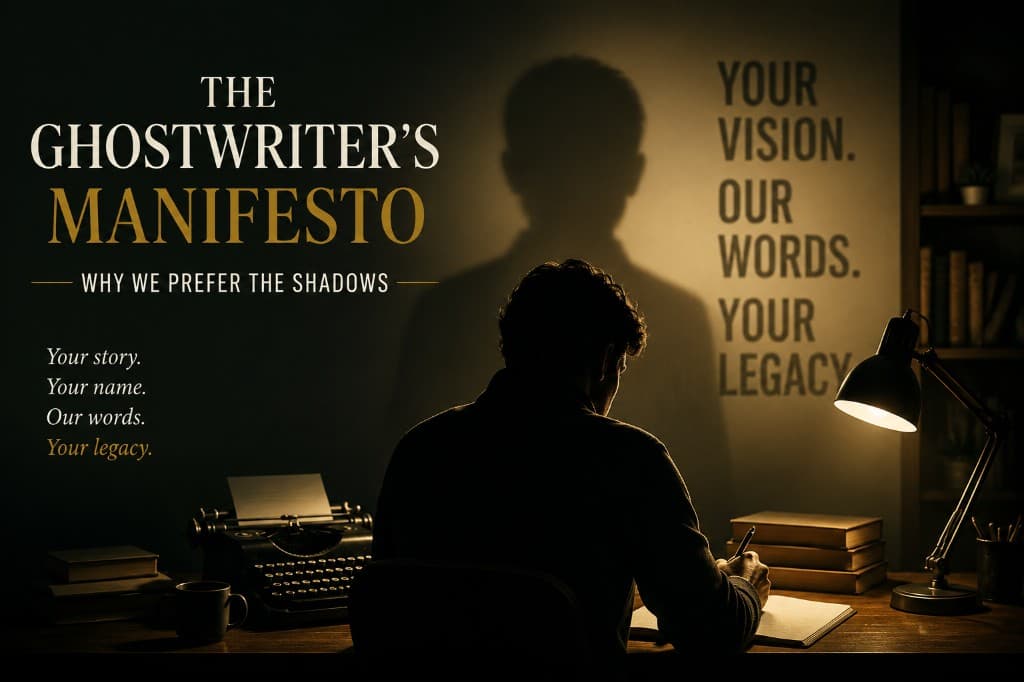The Ghostwriter's Manifesto — a writer working by lamplight in the shadows